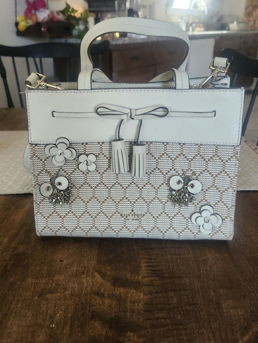kate spade White and Beige Floral Embellished Satchel